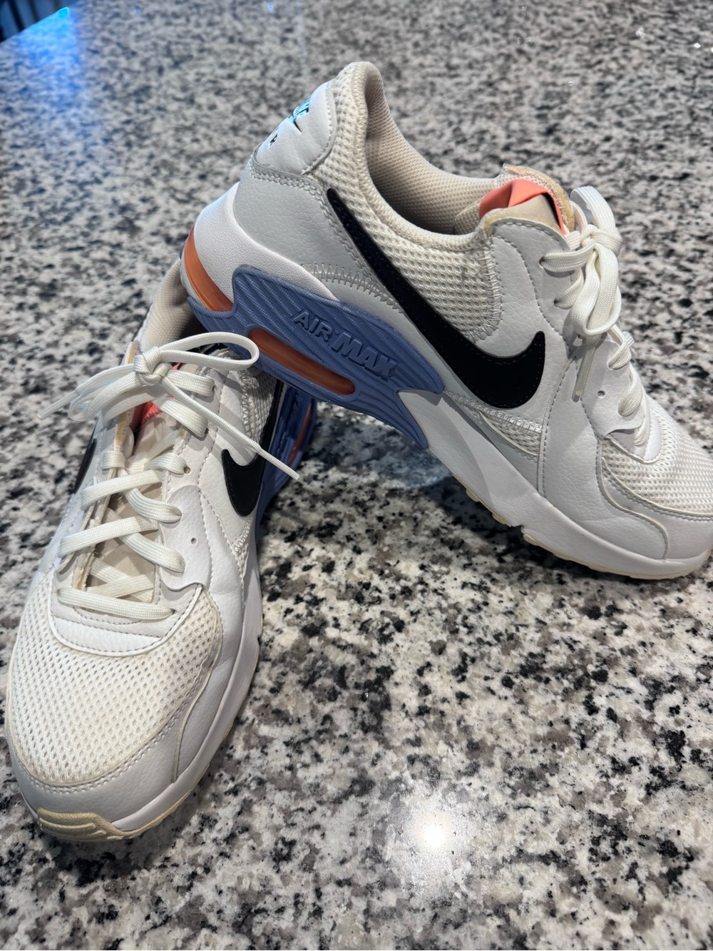 Nike women’s White Black Air Max Sneakers with Blue and Coral Accents
